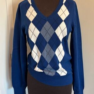 Jones New York Navy and White Argyle V-Neck Sweater